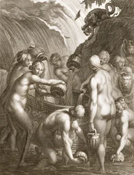 Die Danaiden, verurteilt, durchlöcherte Gefäße mit Wasser zu füllen, 1730